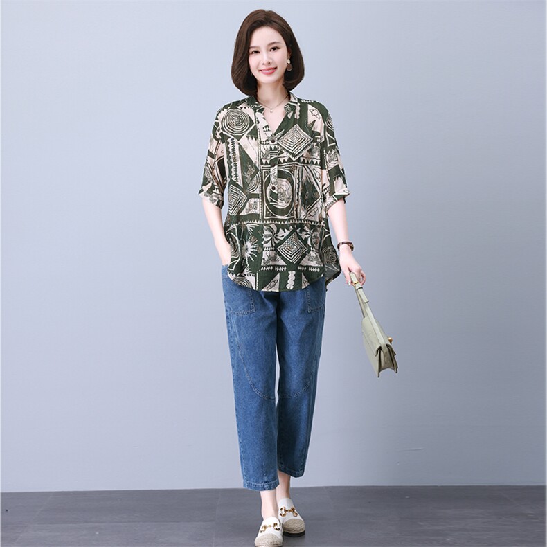 时尚拼接印花镶钻套装 宽松显瘦气质女装 优雅百搭休闲上衣图片