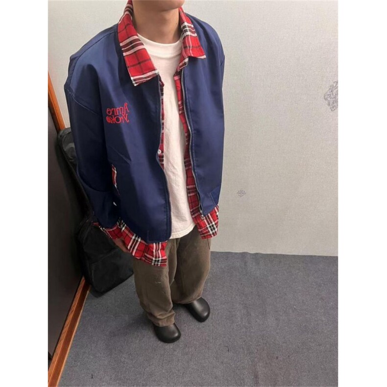 美式复古格子拼接翻领夹克男宽松小众假两件外套常规P59加绒P75,男装夹克,四季星座505