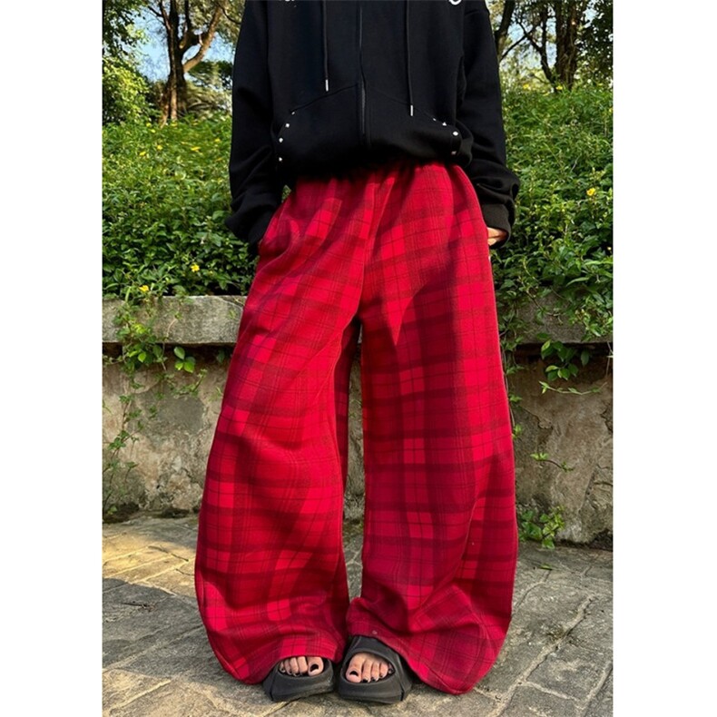 格子裤女秋季红色格纹阔腿裤宽松运动显瘦休闲裤拖地长裤K5359,男装休闲裤,星座1116A（原606A-3）
