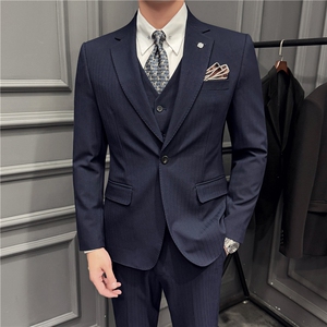 高品质~色织暗条纹平驳领一粒扣西服三件套藏青色SJT8062-P285图片