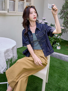 时尚牛仔套装女2025夏季淡人条纹洋气减龄小个子工装阔腿裤三件套图片