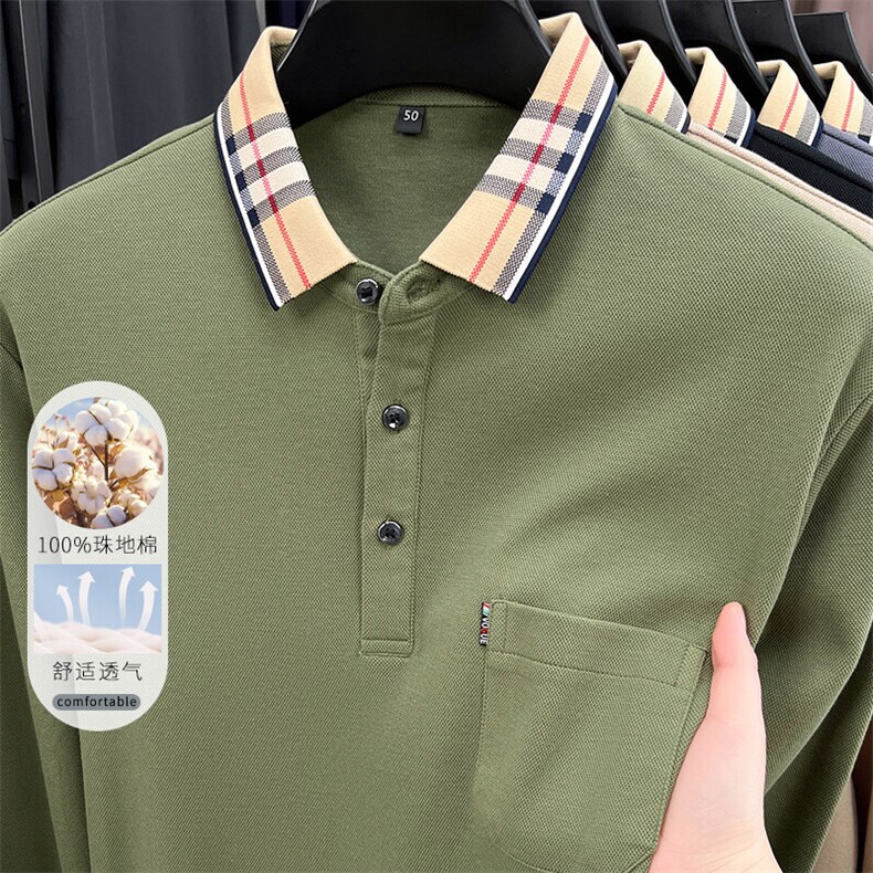 POLO衫男士长袖t恤翻领春季纯棉新款中年商务休闲纯色宽松上衣,男装T恤,电商B212（原钱塘6029）