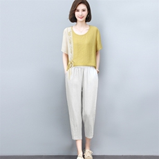 小个子棉麻套装女2025年夏季新款时尚宽松休闲薄款苎麻两件套裤子，女装套装/套裙，璐依舞