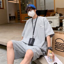 TZ65556/P40华夫格夏季宽松贴标套装男T恤短裤两件套大码港风控78，男装休闲套装，电商A141