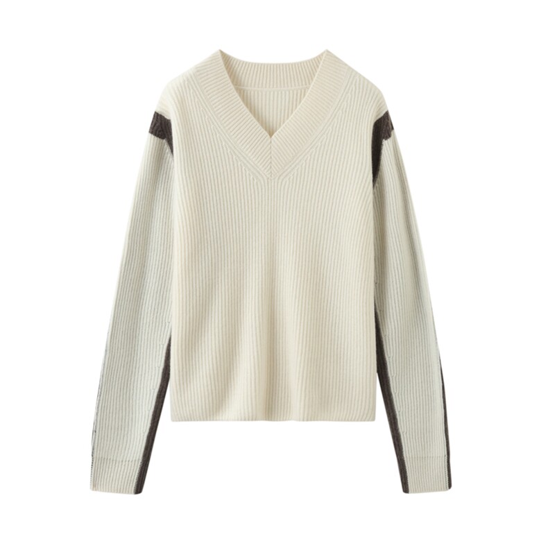 V领拼接羊绒衫女2024年新款秋冬季宽松针织打底衫，女装羊绒衫，温达纯山羊绒
