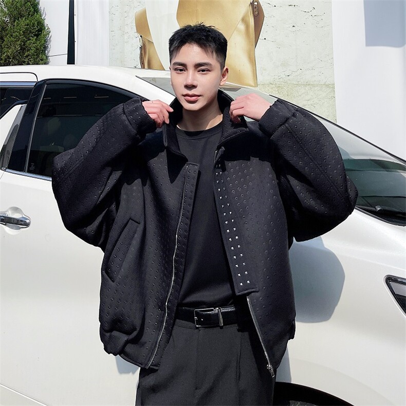 冬季翻领拉链宽松休闲夹克金属铆钉装饰设计男外套A345-620-P125，男装夹克，电商A345