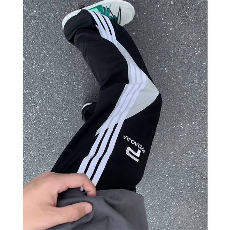 GENIOLAMODE冰丝速干美式运动条纹宽松阔腿裤子男士夏季薄款休闲,男装休闲裤,电商A001-1