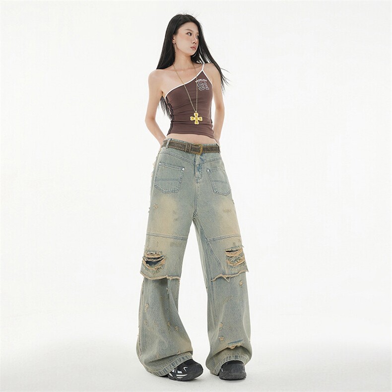 美式复古水洗破洞直筒牛仔裤男女早春做旧设计感阔腿裤YD9004-P80，男装牛仔裤，星座509