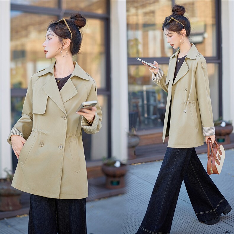 【现货】双排中长款风衣2025秋季新款休闲时尚通勤小个子收腰外套，女装风衣，妃曼