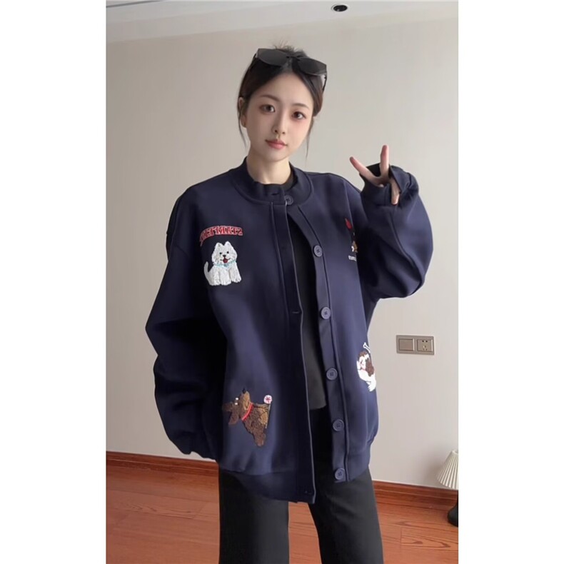 日系卡通小狗毛巾绣圆领卫衣女春秋2025新款慵懒风宽松bf开衫外套,女装短外套,星座516A