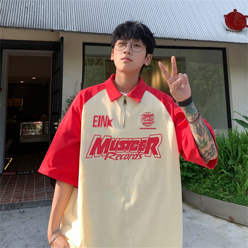 港风重磅全棉撞色插肩袖polo衫短袖男T恤GP3202-P45控78,男装T恤,电商B370