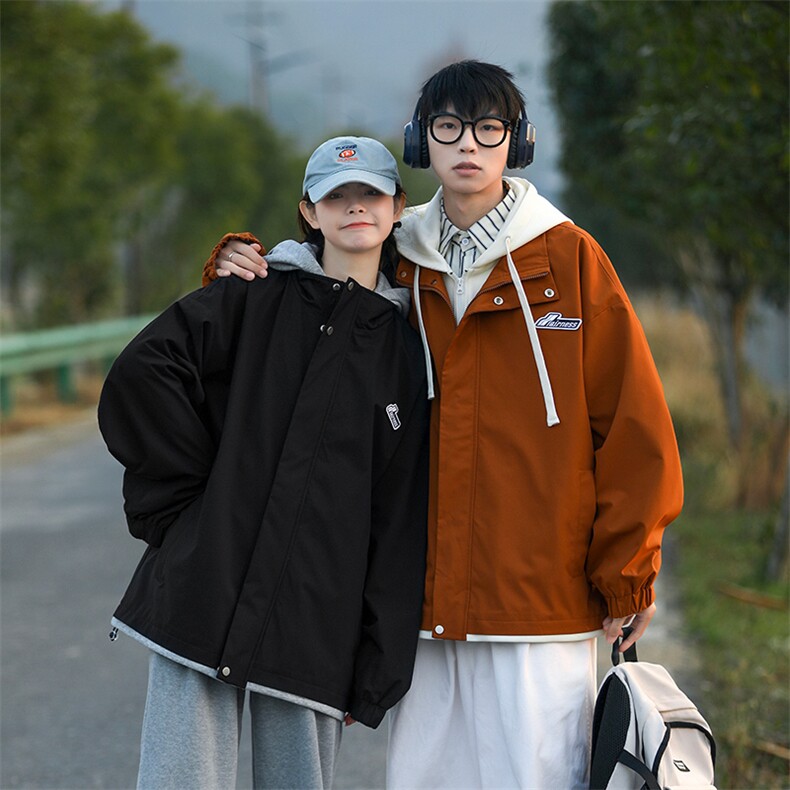 春秋款工装连帽假两件夹克潮流拼色宽松冲锋衣外套JK8310-P65,男装夹克,电商B306