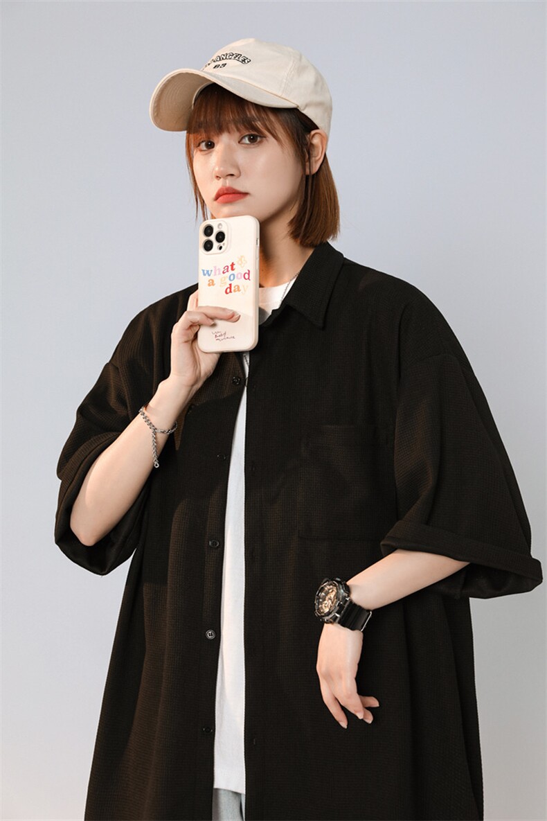 C6053/P35夏季中性风新华夫格开衩宽松短袖衬衣男女大码衬衫控55,男装衬衫,电商A141