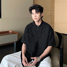 新中式黑色立领铆钉短袖衬衫男款2025夏季新款ins外套CY1091-P37，男装T恤，星座412-1