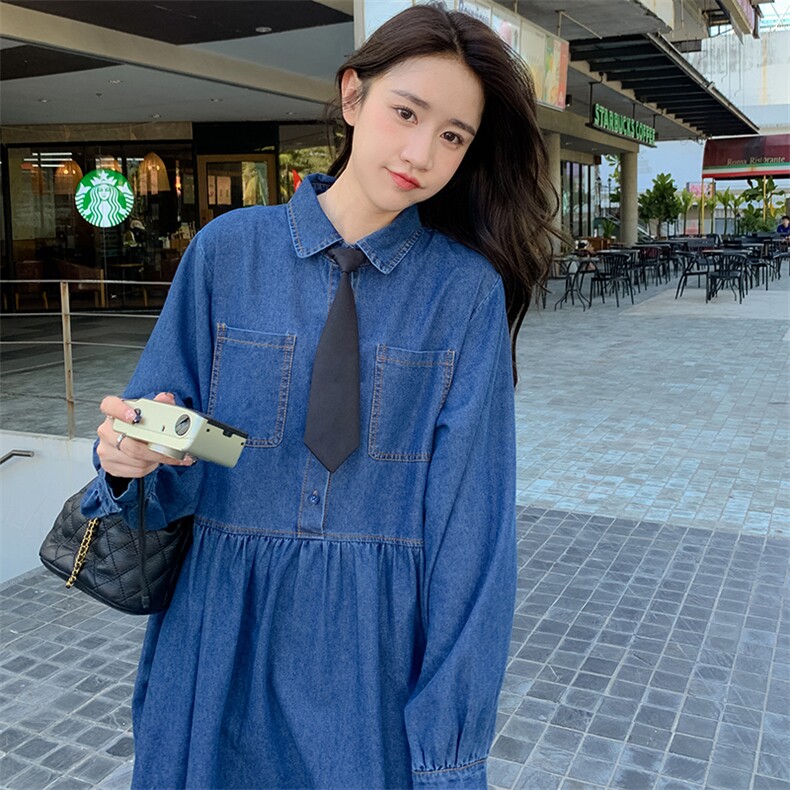 现货慵懒宽松牛仔连衣裙配领带,女装连衣裙,菡迪欧娜