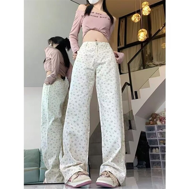 美式复古碎花直筒牛仔裤女夏季新款设计感高腰宽松休闲阔腿裤子潮,男装牛仔裤,星座1210-1