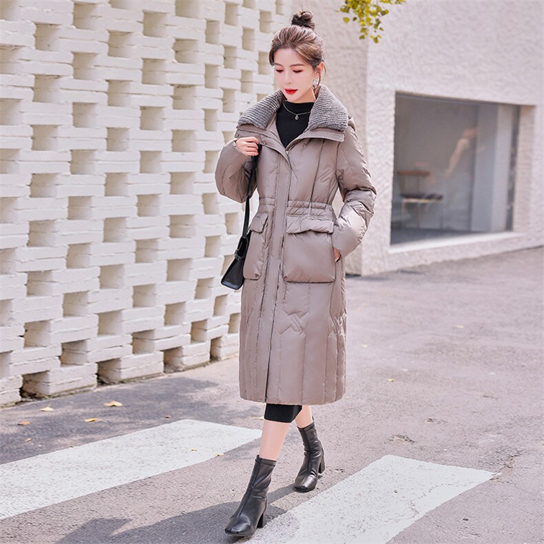 2024新款冬季防风保暖连帽中长款双层仿羊羔毛加厚90羽绒服,女装羽绒服,难舍钰依