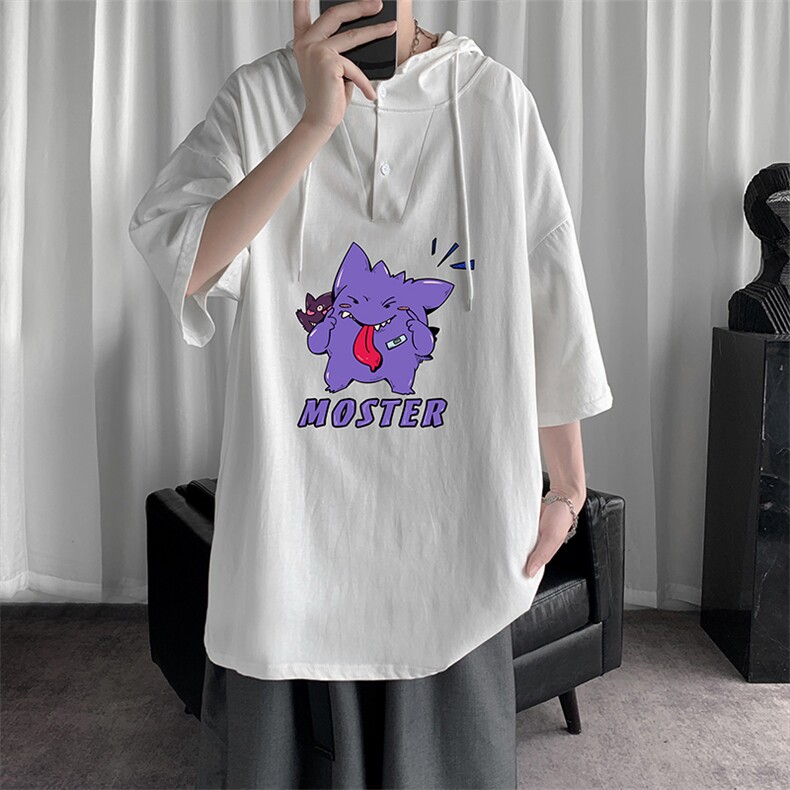 LD54087-P45 连帽短袖t恤男大码胖子带帽五分袖中袖图片