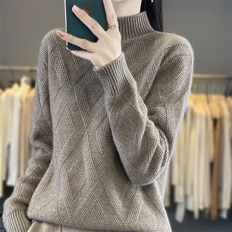 时尚百搭女士高领羊毛针织衫纯色菱形绞花设计保暖舒适秋冬,女装羊毛衫,开创羊绒