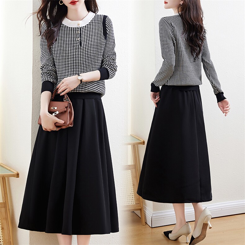 秋冬两件套连衣裙女2023新款千鸟格针织上衣半身裙气质休闲两件套，女装套装/套裙，欣贝拉