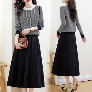 秋冬两件套连衣裙女2023新款千鸟格针织上衣半身裙气质休闲两件套,女装套装/套裙,欣贝拉