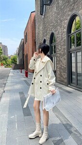 韩版大翻领双排扣中长款风衣图片