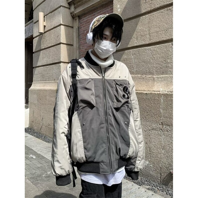 美式复古拼色机能风飞行夹克棉服男2025秋冬新款工装休闲宽松外套图片