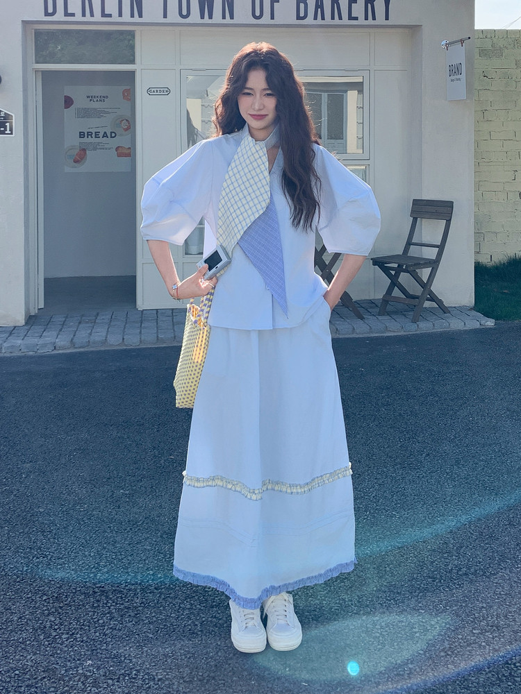 蓝色法式气质套装裙女2025夏季新款超好看泡泡袖上衣半身裙两件套,女装套装/套裙,慧尚依恋