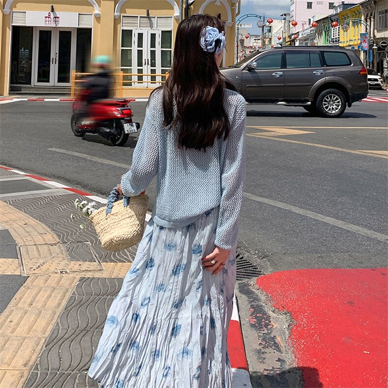 韩系蓝色针织衫碎花半身裙套装女2025春季新款高级感气质两件套潮,女装套装/套裙,浙宝305