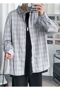 港风秋季新款外穿长袖衬衫男  丝滑百搭休闲格子衬衣外套CS22/图片