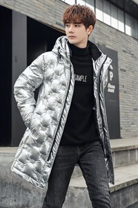 潮牌时尚长款连帽亮面中长款轻薄羽绒服学生修身品质羽绒服图片