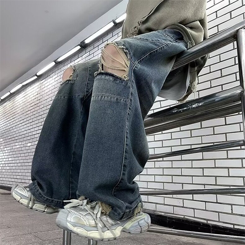 美式复古设计感破洞牛仔裤男秋冬宽松阔腿裤百搭ins潮RK1136-P51,男装牛仔裤,星座412-2