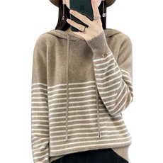时尚条纹连帽针织衫女秋冬季新款宽松显瘦长袖毛衣外套百搭上衣，女装针织衫/毛衣，大美人高端店