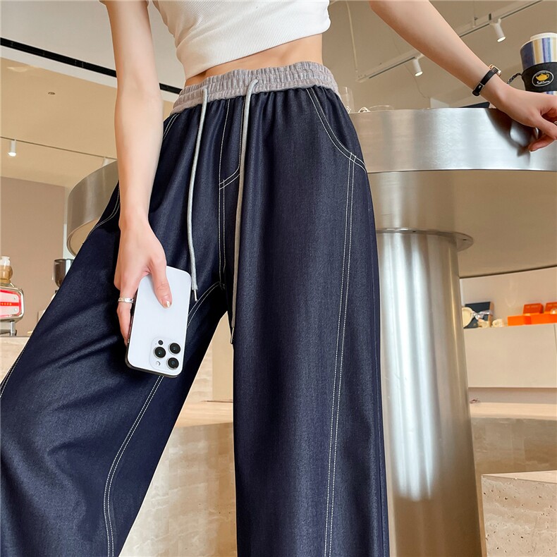 仿牛仔窄版阔腿裤女宽松夏季2025新款高腰显瘦休闲直筒天丝弯刀裤，女装牛仔裤，梦白服饰厂