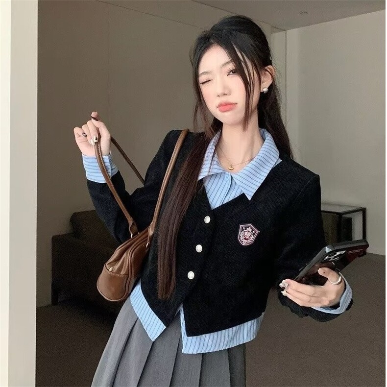 女装秋冬2025美式新款学院风假两件POLO领长袖衬衫外套,男装Polo衫,星座1210-1