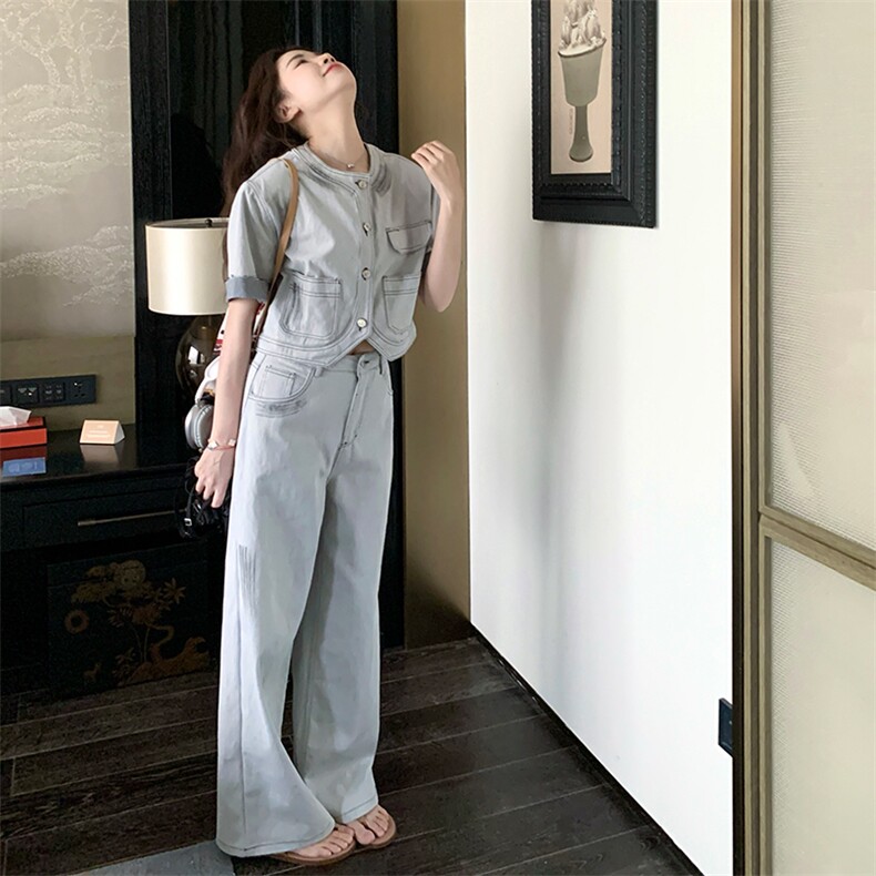 甜酷气质减龄牛仔套装女2025夏季新款设计感圆领上衣阔腿裤两件套,女装套装/套裙,浙宝220