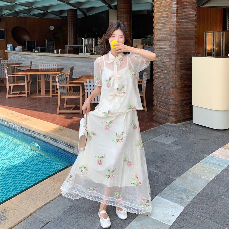 薄纱刺绣蝴蝶结上衣小吊带半身裙套装女2025夏新款绝美气质三件套,女装套装/套裙,含赞