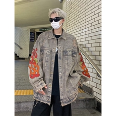 D2170-P70新款潮水洗破坏毛边火焰刺绣牛仔外套男女秋季ins夹克，男装夹克，星座603-2