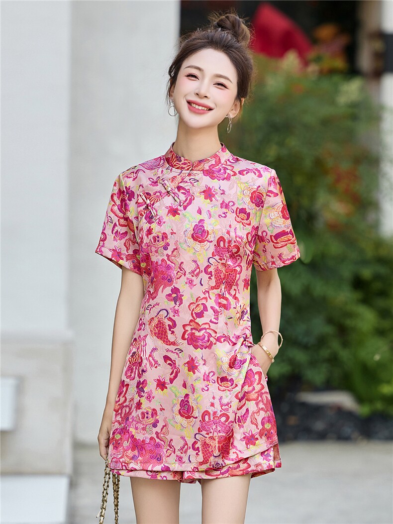 新中式印花连衣裙短裤套装女夏2025新款小个子国风旗袍裙子两件套,女装套装/套裙,贵人树