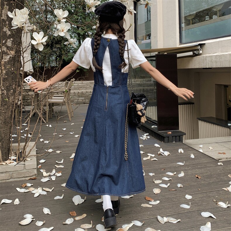 白色t恤薄款牛仔背带连衣裙女夏季新款显瘦气质温柔风长裙,女装连衣裙,帛香坊