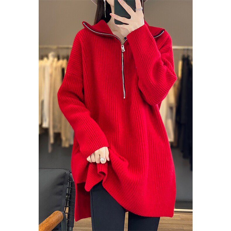 中长款100%纯羊毛衫女半开拉链加厚长袖毛衣宽松羊绒衫针织打底衫图片