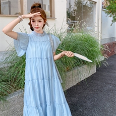 蓝色小个子巨好看的法式初恋裙子女2025夏季新款飞飞袖天丝连衣裙，女装连衣裙，2C123