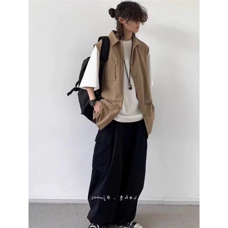 夏季日系复古假两件工装短袖衬衫男女cityboy宽松衬衣LB644-p36,男装T恤,星座1008