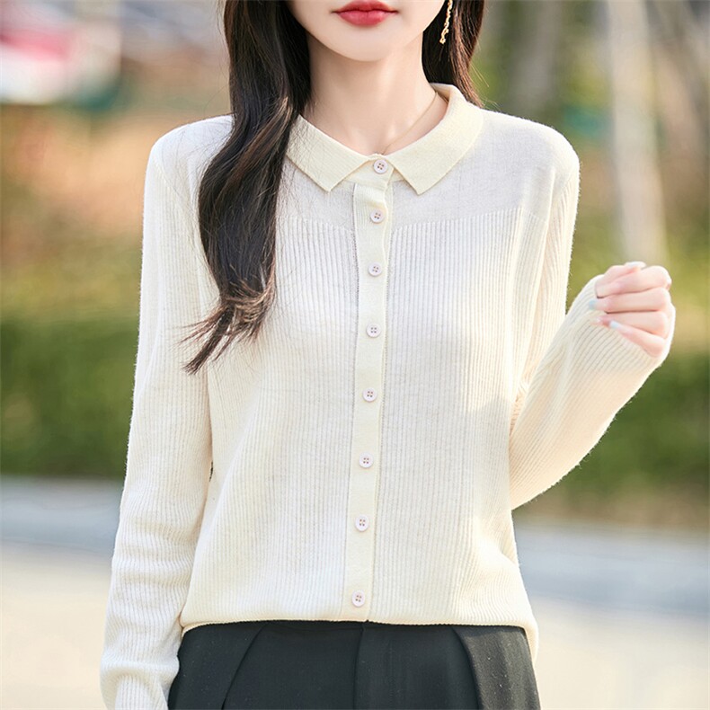 POLO领精纺羊毛开衫女春秋款纯色长袖针织毛衣高级感宽松外套上衣,针织衫/毛衣,佰米娇羊绒