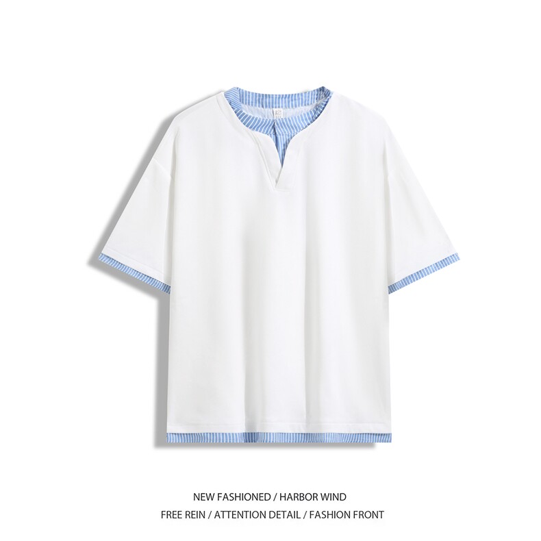 青少年polo衫短袖男夏季薄款V领假两件设计大码上衣落肩袖宽松T恤图片
