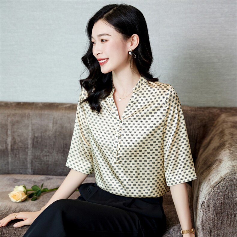 高级感印花真丝衬衫女桑蚕丝2025夏新款衬衣短袖大码气质妈妈上衣,女装衬衫,阿舍尔精品