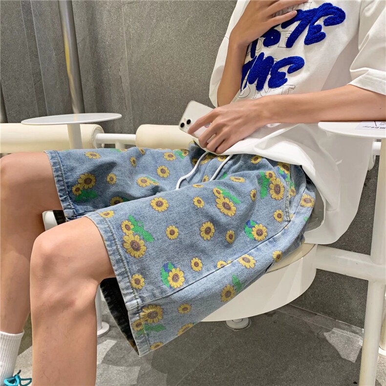 夏季ins小雏菊印花休闲牛仔短裤男女韩版宽松痞帅五分裤dk505-p40图片