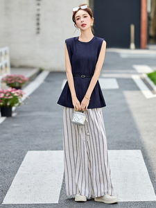 时尚条纹阔腿裤两件套女2025新款夏季无袖背心轻熟风休闲气质套装图片