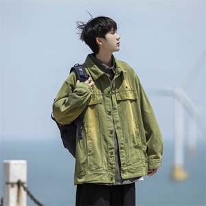 日系Cityboy复古绿色水洗牛仔外套男春秋季新款港风工装夹克 N331图片