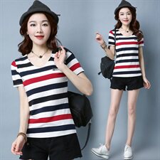 经典2025年夏季短袖常规修身拼接圆领粗横条纹T恤，女装T恤，板酷